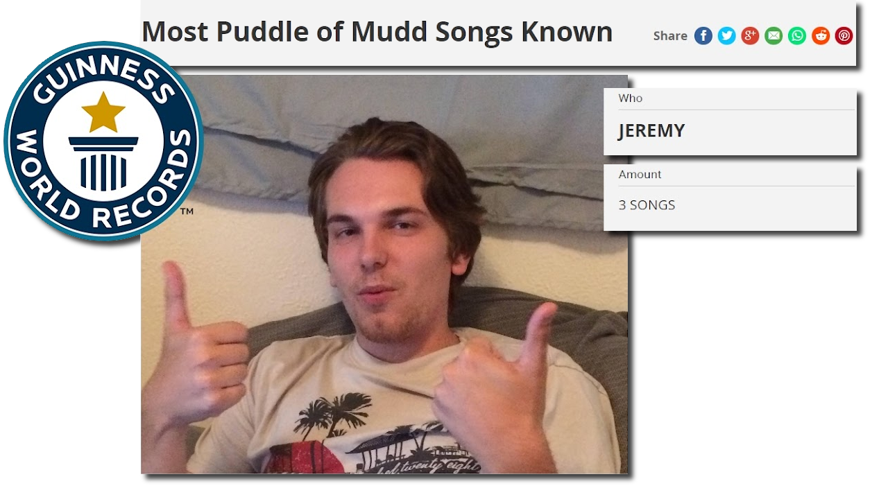Guinness World Records style graphic reading "Most Puddle of Mudd Songs Known", holder Jeremy, 3 songs, showing Jeremy giving two thumbs up