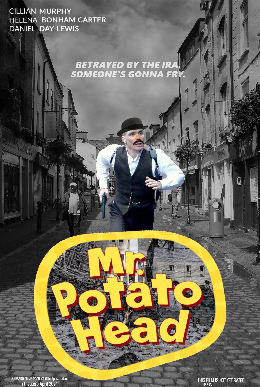 Movie poster titled Mr. Potato Head, showing a man in a bowler hat running down a black and white cobblestone street